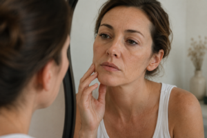 woman assessing her face in the mirror with loss of volume and facial wrinkles