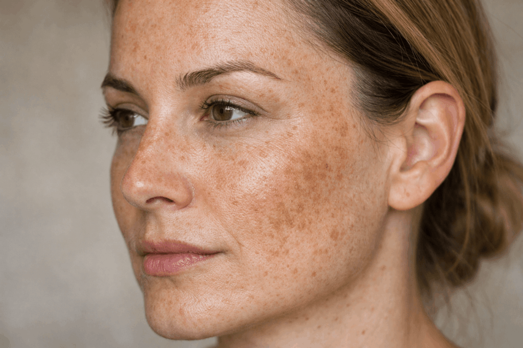 woman with facial pigmentation and uneven tone