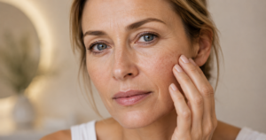 woman assessing her face with textured skin and wrinkles