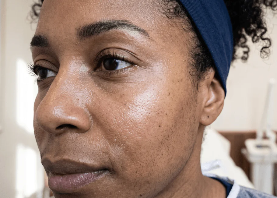 Practitioner assessing a patient’s facial skin before polynucleotide treatment at HAVA Aesthetics in Esher